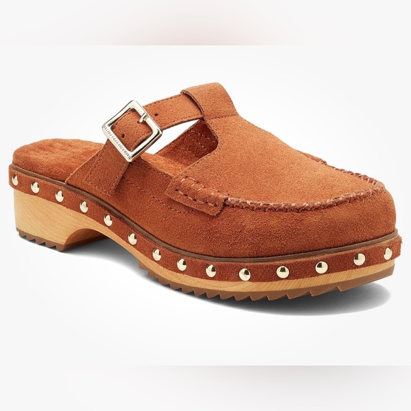 Kelsi Dagger Tan Mules with Buckle and Wooden Sole - Picture 1 of 10